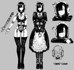 10_4_(10f0ur) 1girl absurdres alternate_costume android apron asymmetrical_hair belt black_dress black_skirt blush bow bowtie c-bas crop_top dress frilled_apron frills full_body garter_straps greyscale hair_over_one_eye highres joints juliet_sleeves lace lace_thighhighs long_hair long_sleeves maid maid_apron mechabare mechanical_arms mechanical_hands monochrome no_pupils open_mouth original pleated_skirt puffy_sleeves reference_sheet robot robot_ears robot_girl robot_joints see-through_body shirt simple_background skirt solo spine thighhighs thighs white_apron white_belt white_sleeve_cuffs