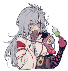 1girl armor blush cropped_torso crossed_bangs dango eating food gloves grey_hair hair_between_eyes hair_ornament holding holding_food japanese_armor japanese_clothes kaguya_(rune_factory) long_hair purple_eyes ribbon-trimmed_sleeves ribbon_trim rune_factory rune_factory:_guardians_of_azuma sanshoku_dango simple_background solo sweat upper_body vx7givcony78710 wagashi white_background wide_sleeves