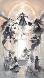 5girls 6+boys alger_wilson altar angel arch audrey_hall axe azik_eggers black_dress black_footwear black_hair black_jacket book candelabra candle candlestand cane cape cattleya_(lord_of_the_mysteries) child chinese_commentary commentary_request derrick_berg dome dress emlyn_white english_text fors_wall from_behind gundongdejie hat headless holding holding_book holding_cane holding_detached_head indoors jacket klein_moretti leonard_mitchell long_hair looking_at_another lord_of_the_mysteries monochrome multiple_boys multiple_girls old old_man pallez_zoroast partially_colored reinette_tinekerr robe stairs top_hat watermark weapon weapon_on_back web_address will_auceptin_ceres window xio_derecha