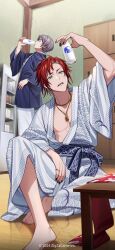 2boys barefoot bath_yukata blue_haori bottle closed_eyes copyright_notice frown full_body haori highres holding holding_bottle hoshibami_taiga indoors japanese_clothes jewelry kimono knee_up looking_up male_focus milk_bottle multiple_boys necklace official_art open_clothes open_kimono pectorals purple_hair red_hair seigaiha sharp_teeth shinjo_ritsu short_hair table teeth tokyo_debunker tuze111 vending_machine white_kimono yellow_eyes yukata