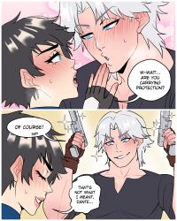 1boy 1girl absurdres artist_name black_hair black_shirt blue_eyes blush dangerousbride dante_(devil_may_cry) devil_may_cry_(netflix) devil_may_cry_(series) fingerless_gloves gloves green_eyes gun handgun heart highres holding holding_gun holding_weapon lady_(devil_may_cry) shirt smirk sparkle sweat weapon white_hair