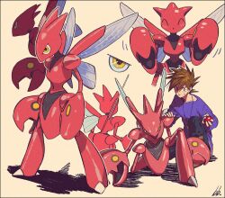 1boy brown_hair bug claws film_grain gary_oak gen_2_pokemon highres holding holding_poke_ball horns insect_wings jewelry kwsby_124 necklace nintendo on_one_knee poke_ball poke_ball_(basic) pokemon pokemon_(anime) pokemon_(classic_anime) pokemon_(creature) scizor shadow signature spiked_hair standing sweatdrop wings yellow_eyes