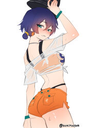 Rule 34 | 1girl, absurdres, belle (zenless zone zero), bikini, bikini under shorts, blue hair, blush, commentary, cowboy shot, english commentary, green eyes, hat, highres, holding, holding unworn clothes, holding unworn hat, kukiyuusha, official alternate costume, orange bikini, orange shorts, see-through clothes, see-through shirt, shirt, short hair, short shorts, shorts, simple background, solo, swimsuit, thighs, tied shirt, twitter username, unworn hat, unworn headwear, white background, white shirt, zenless zone zero