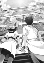 Rule 34 | 1boy, 1girl, belt, black sash, bob cut, coat, denim, denim shorts, dress, fingernails, food, frilled hat, frills, from behind, from below, greyscale, hat, highres, holding, holding food, holding hands, holding ice cream, ice cream, ikeda yasuhiro, lab coat, looking up, monochrome, non-web source, official art, okabe rintarou, pants, puffy short sleeves, puffy sleeves, sash, science adventure, shiina mayuri, short hair, short sleeves, shorts, shorts under dress, shorts under skirt, steins;gate, waist sash, white coat