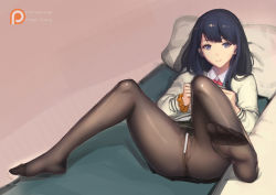 1girl anus black_hair black_pantyhose black_skirt blue_eyes cardigan censored couch crotch_seam earphones feet female_focus female_pubic_hair gridman_universe long_hair long_sleeves looking_at_viewer magic_xiang miniskirt no_shoes orange_scrunchie pantyhose pleated_skirt pubic_hair pussy school_uniform scrunchie skirt smile solo spread_legs ssss.gridman straight_hair takarada_rikka thighs toes white_cardigan wrist_scrunchie