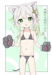 1girl absurdres animal_ears animal_hands asymmetrical_hair bikini black_bikini cameltoe cat_ears cat_paws cat_tail commentary_request cross-shaped_pupils flat_chest genshin_impact gloves gradient_hair green_background green_eyes green_hair highres kemonomimi_mode loli multicolored_hair nahida_(genshin_impact) navel open_mouth paw_gloves pointy_ears side_ponytail simple_background solo swimsuit symbol-shaped_pupils tail translation_request youyoukai