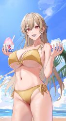 Rule 34 | 1girl, :d, absurdres, bikini, bikini day, blue sky, blush, breasts, brown hair, cloud, collarbone, cup, day, food, front-tie bikini top, front-tie top, furen e lustario, hair between eyes, hamigaki (hikaruyusi), hands up, highres, holding, holding cup, large breasts, long hair, looking at viewer, navel, nijisanji, open mouth, red eyes, shaved ice, side-tie bikini bottom, sky, smile, solo, standing, swimsuit, thighhighs, tongue, virtual youtuber, yellow bikini