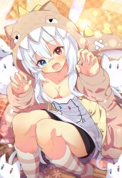 1girl :d absurdres animal_hood applying_manicure black_shorts blue_eyes blue_nails blush breasts claw_pose cleavage collarbone commission crossed_bangs downblouse fang fingernails hair_between_eyes hands_up heterochromia highres hood hood_up hoodie jacket kanzaki_ririka long_hair long_sleeves looking_at_viewer medium_breasts nail_polish open_clothes open_mouth original red_eyes shiro9jira shirt shorts sidelocks sitting skeb_commission skin_fang small_breasts smile socks solo striped_clothes striped_socks virtual_youtuber white_hair white_shirt