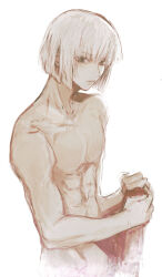 Rule 34 | 1boy, abs, bob cut, brown eyes, gundam, gundam seed, highres, male focus, she (morianosu), short hair, simple background, sketch, solo, toned, toned male, topless male, upper body, white background, white hair, yzak joule