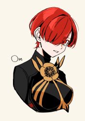 1girl alternate_hairstyle artist_name black_bodysuit bodysuit breasts crest family_crest fate/grand_order fate_(series) goma1021 hair_over_one_eye highres large_breasts looking_at_viewer oda_nobunaga_(fate) oda_nobunaga_(maou_avenger)_(fate) oda_uri open_mouth red_eyes red_hair short_hair simple_background solo teeth upper_body white_background