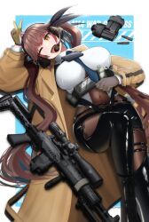 1girl 45sensei absurdres antenna_hair blush bodystocking breasts commission covered_navel girls&#039;_frontline glowing glowing_eyes highres large_breasts long_hair m14_(decisive_reinforcement)_(girls&#039;_frontline) m14_(girls&#039;_frontline) official_alternate_costume one_eye_closed orange_eyes smile solo twintails v very_long_hair