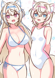 Rule 34 | absurdres, animal ear fluff, animal ears, bare shoulders, bikini, blonde hair, blue eyes, blush, breasts, collarbone, covered navel, dog ears, dog girl, dog tail, fuwawa abyssgard, hair between eyes, hair ornament, highres, hololive, hololive english, large breasts, long hair, mococo abyssgard, narutake, navel, one-piece swimsuit, open mouth, pink eyes, short hair, siblings, side-tie bikini bottom, simple background, small breasts, smile, stomach, swimsuit, tail, twins, virtual youtuber, white bikini, white one-piece swimsuit, x hair ornament