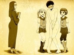 Rule 34 | 1boy, 3girls, animated, ass, assertive female, boots, clothed female nude male, cum, ejaculation, erection, femdom, foreskin, foreskin pull, high heel boots, high heels, knee boots, lace-up boots, msize, multiple girls, nude, nun, penis, school uniform, serafuku, testicles
