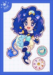 Rule 34 | 1girl, animal ear fluff, animal ears, animal shoes, ankle socks, aqua socks, asymmetrical legwear, big hair, blue boots, blue border, blue choker, blue eyes, blue gloves, blue hair, blue jacket, blue skirt, boots, border, bright pupils, bubble skirt, choker, clenched hands, compact (cosmetics), cosmetics, crown, crown earrings, cure gelato, dot nose, dotted line, earrings, eyelashes, food, food-themed clothes, food-themed hair ornament, food print, frilled skirt, frills, full body, fur-trimmed jacket, fur trim, gloves, gold crown, grey background, grid background, hair ornament, happy, highres, ice cream, ice cream cone, jacket, jewelry, kirakira precure a la mode, leg up, lion ears, lion girl, lion tail, long hair, magical girl, mini crown, miniskirt, open mouth, outline, over-kneehighs, parted bangs, precure, puffy short sleeves, puffy sleeves, short sleeves, signature, single over-kneehigh, single sock, single thighhigh, skirt, smile, socks, solo, tail, tareme, tategami aoi, teeth, thighhighs, two-tone skirt, upper teeth only, uwded 207, v-shaped eyebrows, white outline, white pupils, white skirt