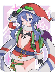 1girl :3 ;d arm_up bikini black_bikini black_gloves blue_eyes blue_hair blush border choujigen_game_neptune commentary cowboy_shot flat_chest front-tie_bikini_top front-tie_top gloves goggles goggles_on_head green_ribbon hair_between_eyes hat highres jacket leg_ribbon long_hair long_sleeves looking_at_viewer navel neptune_(series) nippon_ichi_(neptunia) one_eye_closed open_clothes open_jacket open_mouth outline outside_border pink_background red_hat red_jacket ribbon santa_costume santa_hat scarf smile solo suaman swimsuit thigh_ribbon white_border white_outline white_scarf