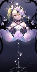 1girl blonde_hair breasts commentary_request deathpolca demons_roots dress flower gloves hair_flower hair_ornament highres hongcai_rainbow looking_at_viewer petals plant ripples rose side_ponytail small_breasts smile solo thorns vines water water_drop white_flower white_rose yellow_eyes