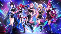 5girls :d ;d ahoge arm_up asymmetrical_horns belt black_boots black_choker black_gloves black_hair black_leg_warmers black_shirt black_shoes black_shorts black_skirt black_wings blonde_hair blue_hair blunt_bangs boots braid character_name choker colored_inner_hair colored_skin commentary commentary_request crossed_bangs crystal_wings diamond-shaped_pupils diamond_(shape) double-parted_bangs double_bun elbow_gloves english_commentary feathered_wings fingerless_gloves flower fold-over_skirt full_body gloves gradient_hair green_eyes grey_hair grey_skin grin hair_between_eyes hair_bun half-skirt halo headset heterochromia highres hip_vent hololive hololive_english hololive_indonesia hood hood_up hooded_jacket horn_flower horns irys_(hololive) jacket kureiji_ollie leg_warmers long_hair long_sleeves looking_at_viewer low-tied_long_hair low_wings mismatched_pupils momosuzu_nene mori_calliope multicolored_hair multiple_girls nerissa_ravencroft official_alternate_costume official_art one_eye_closed open_mouth outside_border outstretched_arms patchwork_skin pencil_skirt pink_eyes pink_hair pisuke_wan pleated_skirt pointy_ears purple_eyes purple_hair purple_skin red_eyes red_hair shirt shoes shorts side_up_bun sidelocks skirt sleeveless sleeveless_shirt smile star_halo stitched_face stitched_leg stitched_torso stitches streaked_hair swept_bangs swimsuit symbol-shaped_pupils thigh_strap three-quarter_sleeves twin_braids two_side_up uneven_horns very_long_hair virtual_youtuber white_background white_belt white_jacket wings x-shaped_pupils yellow_eyes zombie