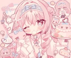 +_+ 1girl :t ;&lt; blue_hairband blue_nails blush borrowed_character cake cat chibi chibi_inset closed_mouth collared_shirt commentary commission crumbs flower food fork grid_background hairband highres holding holding_fork holding_plate jacket kamizakana_iriko long_hair long_sleeves looking_at_viewer nail_polish open_clothes open_jacket original outline pink_background pink_eyes pink_flower pink_hair plate shirt skeb_commission twitter_username upper_body v-shaped_eyebrows white_jacket white_outline white_shirt