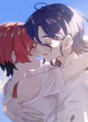 1boy 1girl amate_yuzuriha blue_hair blue_sky closed_eyes colored_inner_hair commentary_request day gundam gundam_gquuuuuux highres hug multicolored_hair open_mouth printemps red_hair shirt short_hair shuji_ito sky smile two-tone_hair upper_body white_shirt