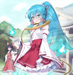 2girls ascot beikeice black_hair blue_eyes blue_hair blush bow chain clothes_grab cuffs detached_sleeves frilled_bow frilled_hair_tubes frilled_skirt frills ghost_tail hair_bow hair_ornament hair_tubes hakurei_reimu handcuffs highres hitodama long_hair long_sleeves looking_to_the_side medium_hair miyadeguchi_mizuchi multiple_girls nontraditional_miko open_mouth ponytail red_bow red_eyes red_skirt ribbon ribbon-trimmed_sleeves ribbon_trim shackles shrine skirt skirt_set skull_hair_ornament smile spirit touhou translucent_hair tree yellow_ascot
