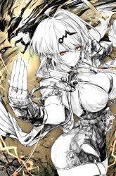 1girl absurdres ahoge arm_out_of_sleeve arm_up asymmetrical_gloves bird breasts closed_mouth cowboy_shot fighting_stance fingerless_gloves floating_hair gloves hair_ornament hairclip hasukurira highres jacket large_breasts long_hair looking_at_viewer mole mole_on_chest open_clothes open_jacket parted_bangs partially_colored sideboob thigh_strap uneven_gloves unitard yellow_eyes yixuan_(zenless_zone_zero) zenless_zone_zero