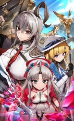 3girls absurdres ahoge black_collar black_eyes black_gloves black_horns black_jacket blonde_hair blue_sash bow breasts carlotta_(wuthering_waves) closed_mouth collar commentary commentary_request curled_horns dress english_commentary gloves grey_hair hair_between_eyes hair_bow hair_ornament hairband hat highres holding holding_shield holding_staff horns jacket jacket_on_shoulders korean_commentary large_breasts long_hair long_sleeves macatatera medium_breasts mixed-language_commentary multicolored_eyes multicolored_hair multiple_girls necktie parted_bangs partial_commentary phoebe_(wuthering_waves) pink_bow pink_hairband pink_jacket red_eyes red_necktie sash shield shirt staff streaked_hair striped_bow two-tone_eyes white_dress white_hat white_shirt wuthering_waves x_hair_ornament zani_(wuthering_waves)