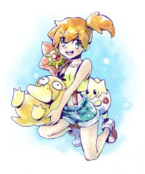 1girl asymmetrical_hair blue_eyes blue_shorts blush breasts creature creatures_(company) crop_top denim denim_shorts game_freak gen_1_pokemon gen_2_pokemon hair_tie highres holding holding_creature holding_pokemon misty_(pokemon) nintendo orange_hair pokemon pokemon_(anime) pokemon_(classic_anime) pokemon_(creature) ponytail psyduck shorts side_ponytail sleeveless small_breasts smile staryu suspender_shorts suspenders togepi