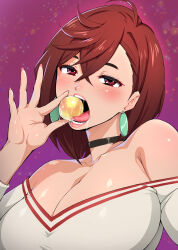 1girl absurdres ao_madoushi armpit_crease ayase_momo ball bare_shoulders black_choker blush breasts brown_eyes brown_hair choker cleavage collarbone commentary dandadan dress earrings gradient_background hair_behind_ear hair_between_eyes highres holding holding_ball jewelry large_breasts licking lips long_sleeves looking_at_viewer medium_hair off-shoulder_dress off_shoulder official_alternate_costume open_mouth pink_lips pink_nails purple_background saliva solo sparkle_background teeth thick_eyebrows tongue tongue_out upper_body v-neck white_dress