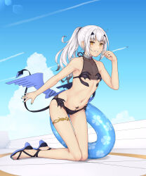 Rule 34 | 1girl, absurdres, bare shoulders, bikini, black bikini, blue sky, breasts, dragon wings, fate/grand order, fate (series), forked eyebrows, grin, high ponytail, highres, innertube, jewelry, kneeling, long hair, looking at viewer, melusine (fate), melusine (swimsuit ruler) (fate), melusine (swimsuit ruler) (first ascension) (fate), navel, ponytail, sandals, sidelocks, sky, small breasts, smile, solo, stomach tattoo, swim ring, swimsuit, tail, tattoo, thighlet, white hair, wings, yellow eyes, yossyzero