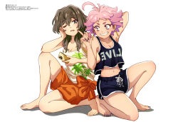 2girls absurdres ahoge bare_shoulders black_shirt black_shorts blue_nails breasts brown_hair cleavage full_body green_eyes hand_on_own_cheek hand_on_own_face hawaiian_shirt highres holding holding_phone live_(mayonaka_punch) long_hair looking_at_another magazine_scan masaki_(mayonaka_punch) mayonaka_punch megami_magazine midriff multiple_girls navel official_art one_eye_closed open_mouth orange_shorts phone pink_hair pointing pointing_at_another red_eyes satou_sanae scan shirt short_shorts shorts simple_background smile white_background