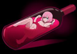 Rule 34 | 1boy, alcohol, black background, bob cut, bottle, bracelet, catherine: full body, catherine (game), full body, green eyes, hoshi (star-name2000), in bottle, in container, jewelry, looking at viewer, male focus, partially submerged, pink hair, red wine, rin (catherine), short hair, wine, wine bottle