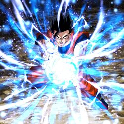 Rule 34 | 1boy, aura, black eyes, black hair, dragon ball, dragon ball legends, highres, kamehameha (dragon ball), lightning, looking at viewer, muscular, muscular male, official art, serious, solo, son gohan, ultimate gohan