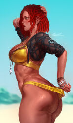 1girl adjusting_clothes adjusting_swimsuit aleriia_v artist_name ass beach bikini blurry blurry_background bracelet breasts brown_eyes butt_crack commentary commission dark-skinned_female dark_skin dreadlocks english_commentary from_side gradient_hair hand_on_own_head highres jewelry large_breasts multicolored_hair open_mouth original patreon_username profile pulling_own_clothes red_hair sand_on_skin short_sleeves solo swimsuit teeth upper_teeth_only wedgie wet whistle yellow_bikini