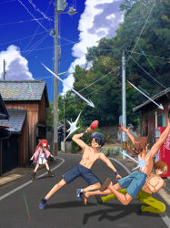 1girl 3boys :d :o a-pose abs bare_arms black_boots black_hair black_shoes blue_sky boots brown_eyes brown_hair brown_sandals cloud collarbone commentary_request cumulonimbus_cloud dark-skinned_male dark_skin day gomasho_asuka hair_between_eyes highres holding_table_tennis_paddle japanese_clothes kamiyama_shiki kanou_tenzen kimono long_hair long_sleeves looking_at_another low_ponytail male_focus male_swimwear miniskirt mitani_ryouichi multiple_boys open_clothes open_kimono open_mouth outdoors paddle photo_background pink_kimono ponytail red_hair road sandals school_uniform shirt shoes short_hair skirt sky smile smug standing summer_pockets summer_pockets_school_uniform sunlight sweatdrop swim_trunks table_tennis_paddle takahara_hairi tan topless_male v-shaped_eyebrows water white_shirt white_skirt wide_shot wide_sleeves |_|