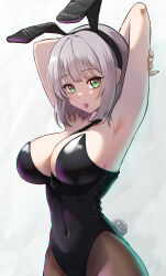 Rule 34 | 1girl, animal ears, armpits, arms behind head, arms up, bare arms, bare shoulders, between breasts, black hairband, black leotard, black necktie, breasts, brown pantyhose, collar, covered navel, detached collar, fake animal ears, fake tail, fmg, green eyes, grey hair, hairband, hand on own arm, highleg, highleg leotard, hololive, large breasts, leotard, medium hair, necktie, necktie between breasts, pantyhose, playboy bunny, rabbit ears, rabbit tail, shirogane noel, solo, strapless, strapless leotard, tail, tongue, tongue out, upper body, virtual youtuber, white collar