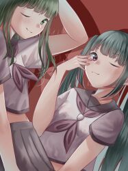 2girls absurdres aqua_hair blunt_bangs closed_mouth commentary_request green_hair green_necktie green_sailor_collar green_shirt green_skirt gumi hand_on_own_face hand_up hatsune_miku highres long_hair looking_at_viewer medium_hair multiple_girls mushokutanosii necktie odoryanse_(vocaloid) one_eye_closed pleated_skirt red_background sailor_collar shirt short_sleeves simple_background skirt smile twintails very_long_hair vocaloid