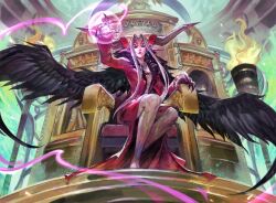 anireal bare_legs black_wings breasts claws cleavage commentary english_commentary facial_mark final_fantasy final_fantasy_viii glowing glowing_hand grey_hair hair_horns highres looking_at_viewer magic:_the_gathering off_shoulder plunging_neckline sitting sitting_on_throne throne ultimecia wings