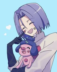 Rule 34 | 1boy, black gloves, blue background, blush, closed eyes, gen 4 pokemon, gloves, happy, highres, james (pokemon), mime jr., nintendo, pokemon, pokemon (anime), pokemon (classic anime), pokemon (creature), smile, sticker, team rocket, team rocket uniform, yunyun n23