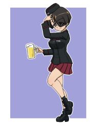Rule 34 | 1girl, alcohol, alternate costume, beer, beer mug, black hair, blush, breasts, closed mouth, full body, girls und panzer, green eyes, hair over one eye, kuromorimine military uniform, large breasts, looking at viewer, military uniform, miniskirt, mug, purple background, red skirt, short hair, simple background, skirt, smile, solo, takahashi kurage, vanilla (girls und panzer)