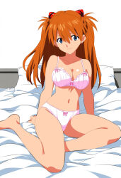 1girl bare_legs bare_shoulders blue_eyes bra breasts cleavage collarbone eegt2583 full_body highres interface_headset_(evangelion) jaaaan large_breasts legs lingerie long_hair looking_at_viewer midriff navel neon_genesis_evangelion orange_hair panties simple_background smile solo souryuu_asuka_langley thighs two_side_up underwear underwear_only wide_hips