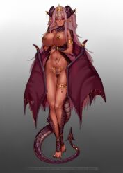 Rule 34 | 1girl, armor, belly piercing, bracelet, breasts, chain, claws, crown, dark-skinned female, dark nipples, dark skin, demon girl, demon horns, dragon girl, dragon horns, earrings, gem, gold bracelet, gold chain, gold earrings, highres, horns, huge breasts, jewelry, long hair, long tail, nipple chain, nipple piercing, nipple rings, nipples, nude, ornate armor, piercing, pink hair, pointy ears, pubic hair, red eyes, red gemstone, ringlets, scales, tail, yakou (4507770)