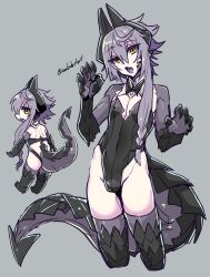 1boy black_scales braid braided_ponytail chibi chibi_inset cropped_legs dragon_boy dragon_horns dragon_tail grey_background haoro highres horns large_tail long_hair male_focus original short_hair_with_long_locks side_ponytail signature simple_background solo tail yellow_eyes