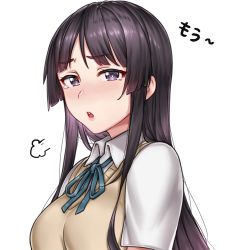 1girl :o puff_of_air akiyama_mio black_eyes black_hair blue_ribbon blush breasts collared_shirt from_side highres k-on! long_hair looking_at_viewer medium_breasts neck_ribbon open_mouth ribbon school_uniform shirt sidelocks sigh simple_background solo sweater sweater_vest tears teeth upper_body upper_teeth_only upset v-neck vest white_background wing_collar yakimi_27