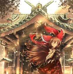 Rule 34 | 1girl, absurdres, bow, box, broom, brown hair, closed eyes, closed mouth, cowboy shot, detached sleeves, donation box, drainpipe, frilled bow, frilled skirt, frills, hair between eyes, hair bow, hakurei reimu, hakurei shrine, highres, holding, holding broom, huge bow, japanese clothes, long hair, oubachiago, outdoors, red bow, red ribbon, red shirt, red skirt, ribbon, ribbon-trimmed sleeves, ribbon trim, rooftop, shirt, shrine, skirt, solo, touhou, very long hair
