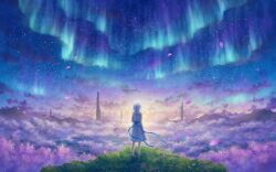 1girl absurdres au_ito aurora bare_arms barefoot blue_ribbon cherry_blossoms cloud commentary_request dress dress_ribbon falling_petals fantasy floating_hair from_behind highres hill long_hair monolith_(object) mountainous_horizon night night_sky original petals ribbon sky sleeveless sleeveless_dress solo star_(sky) starry_sky straight_hair valley white_dress white_hair wide_shot wind
