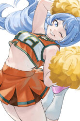 1girl absurdres blue_eyes blue_hair boku_no_hero_academia breasts cheering cheerleader crop_top fengling_(furin-jp) hado_nejire highres holding holding_pom_poms jumping large_breasts long_hair looking_at_viewer microskirt midriff navel one_eye_closed orange_shirt orange_skirt pom_pom_(cheerleading) pom_poms shirt simple_background skirt smile solo sweat teeth u.a._cheerleader_uniform very_long_hair white_background