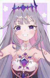 1girl black_corset castellayaki chest_jewel colored_inner_hair corset dress gem gradient_hair grey_hair grin hololive hololive_english jewel_under_eye koseki_bijou koseki_bijou_(1st_costume) long_hair looking_at_viewer material_growth multicolored_hair pink_hair purple_eyes purple_gemstone smile solo teeth virtual_youtuber white_dress