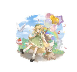 1girl absurdres alternate_costume animal_bag animal_ears arknights backpack bag balloon bird black_shoes blush braid dress fang fox_ears fox_girl fox_tail green_dress green_eyes green_hat hat heart_balloon highres kitsune kyuubi long_hair medium_dress multiple_tails open_mouth shio_(shiofeifei) shoes short_dress short_sleeves skin_fang socks solo star_balloon stuffed_animal stuffed_toy suzuran_(arknights) tail teddy_bear twin_braids white_socks