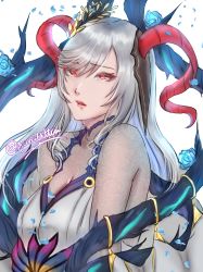 1girl absurdres blue_flower blue_rose bodystocking breasts dress fire_emblem fire_emblem_heroes flower freyja_(fire_emblem) highres horns large_breasts long_hair nintendo parted_lips petals portrait red_eyes rose silver_hair sleeveless sleeveless_dress solo twitter_username white_background yumikari07