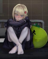 1girl bed blonde_hair blue_eyes blush closed_mouth crossed_arms crying crying_with_eyes_open eyelashes feet_together female_focus indoors knees_apart_feet_together mask oosuzuki_kurara pantyhose simple_background sitting solo tears the_hundred_line_-last_defense_academy- unworn_mask white_pantyhose